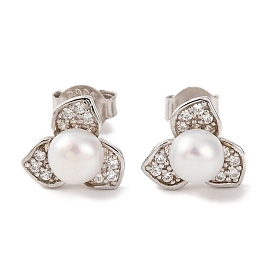 925 Sterling Silver Flower Stud Earrings, with Natural Pearl & Clear Cubic Zirconia