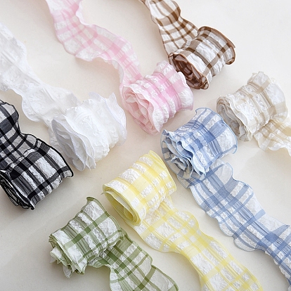 10 Yards Tartan Print Polyester Ruffled Ribbons, Garment Accessories, Gift Packaging