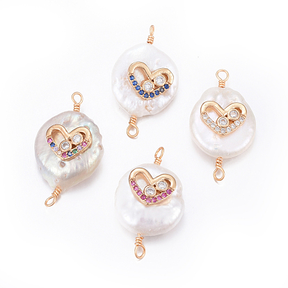 Natural Pearl Links Connectors, with Brass Cubic Zirconia Findings, Nuggets with Heart, Golden