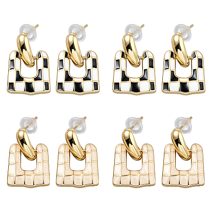 4 пары 2 цвета сплава эмаль висячие серьги-гвоздики, прямоугольник с рисунком тартана, золотые