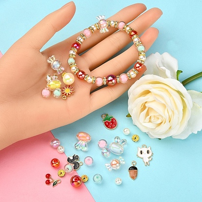 DIY Cute Stretch Bracelet Making Kit, Including Imitation Pearl & Candy & Rabbit Acrylic Beads, Squirrel & Strawberry & Cat & Acorns & Cherry Alloy Enamel Pendants