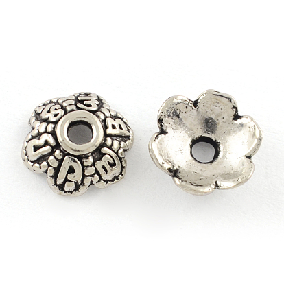 6 -petal style tibétain bouchons en alliage de perles, sans cadmium et sans plomb, fleur, 7x3mm, trou: 1.5 mm, environ 4347 pcs / 1000 g