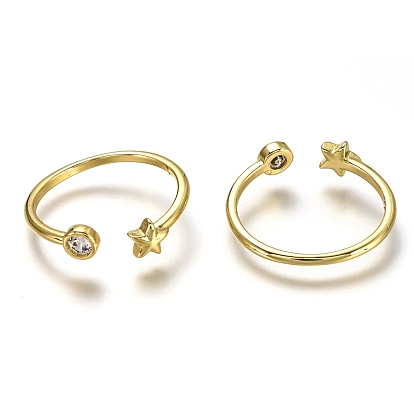 Brass Micro Pave Clear Cubic Zirconia Cuff Rings, Solitaire Rings, Long-Lasting Plated, Flat Round and Star