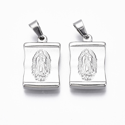 304 Stainless Steel Lady of Guadalupe Pendants, Rectangle with Virgin Mary & Cross