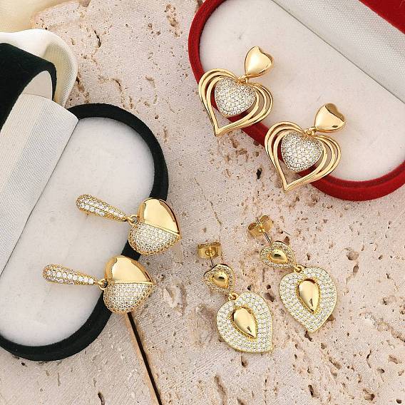 Серьги-гвоздики с микропаве из латуни и прозрачными кубическими цирконами для женщин, сердце