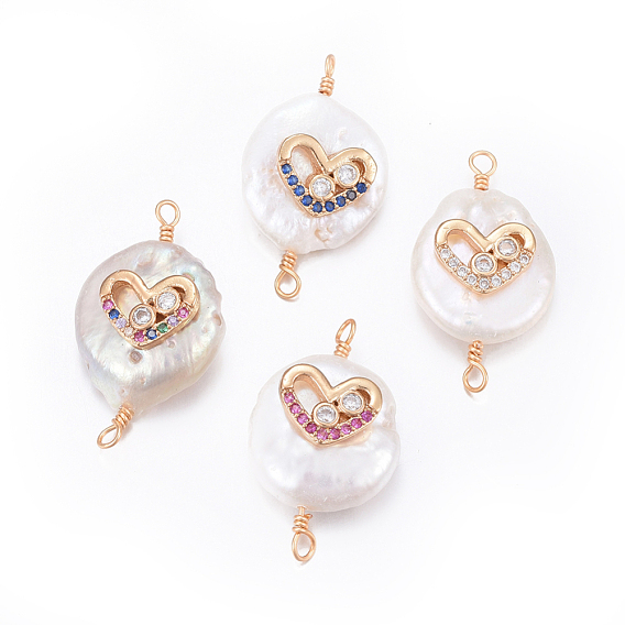 Natural Pearl Links Connectors, with Brass Cubic Zirconia Findings, Nuggets with Heart, Golden