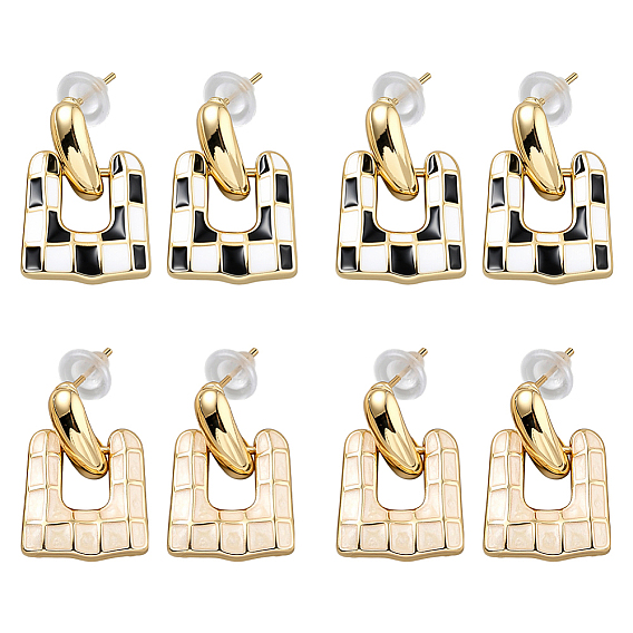 4 пары 2 цвета сплава эмаль висячие серьги-гвоздики, прямоугольник с рисунком тартана, золотые