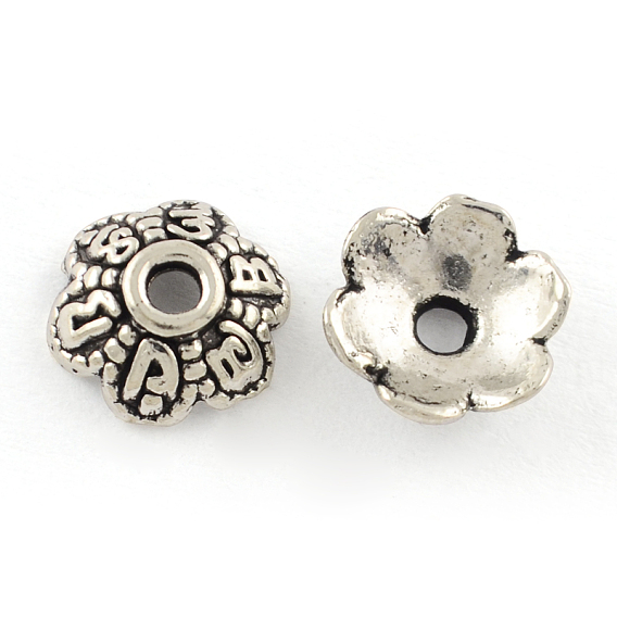 6 -petal style tibétain bouchons en alliage de perles, sans cadmium et sans plomb, fleur, 7x3mm, trou: 1.5 mm, environ 4347 pcs / 1000 g