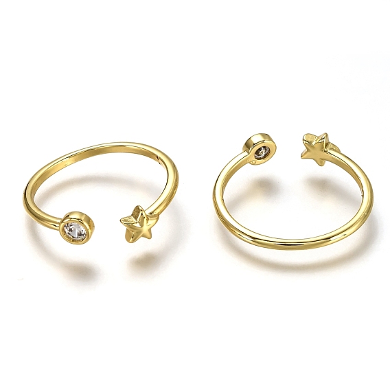 Brass Micro Pave Clear Cubic Zirconia Cuff Rings, Solitaire Rings, Long-Lasting Plated, Flat Round and Star