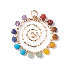 Chakra Mixed Gemstone Copper Wire Wrapped Faceted Pendants, Vortex Charms, Golden, Mixed Dyed and Undyed