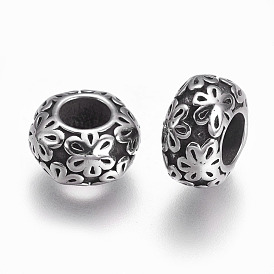 304 acier inoxydable perles européennes, Perles avec un grand trou   , Rondelle avec des fleurs