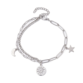 Sun & Moon & Star Charm Bracelets, with 304 Stainless Steel Paperclip Chains
