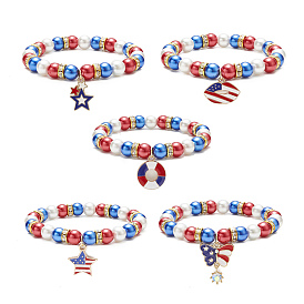 Bracelet extensible en perles de verre colorées, alliage émail charmes bracelet jour de l'indépendance avec strass pour les femmes