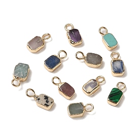 Gemstone Rectangle Charms, with Golden Tone Brass Edge