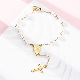 304 из нержавеющей стали ссылку цепи браслеты, ионное покрытие (ip), с 201 крестообразными деталями из нержавеющей стали и пластиковой имитацией жемчуга