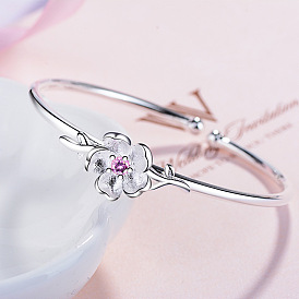 Floral Bracelet for Women, Sweet and Elegant with Pink Rhinestone Open Cuff.