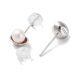 Natural Pearl Stud Earrings for Women, with Sterling Silver Pins