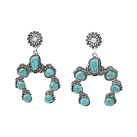 Flower Synthetic Turquoise Dangle Stud Earrings, Zinc Alloy Long Drop Earrings for Women