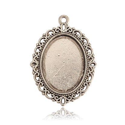 Tibetan Style Alloy Oval Pendants Cabochon Settings, Tray: 18x25mm, 39x28x2mm, Hole: 2mm