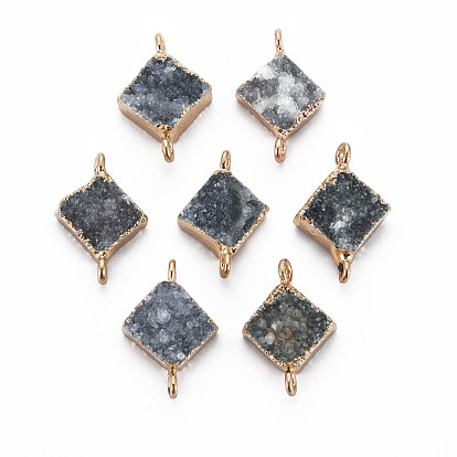 Natural Druzy Agate Links Connectors, with Edge Golden Plated Iron Loops, Dyed, Rhombus, Gray