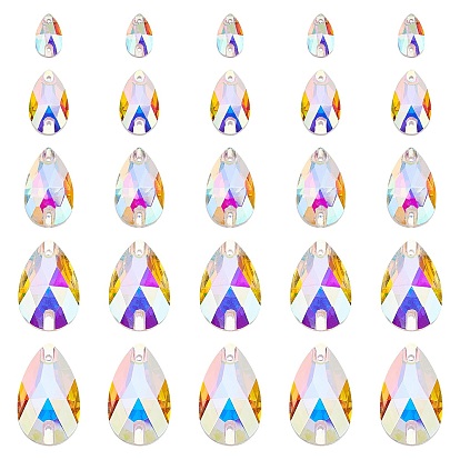 5 Size Sew on Rhinestone, Glass Rhinestone Faceted Cabochons, Teardrop, Double Hole Cabochons