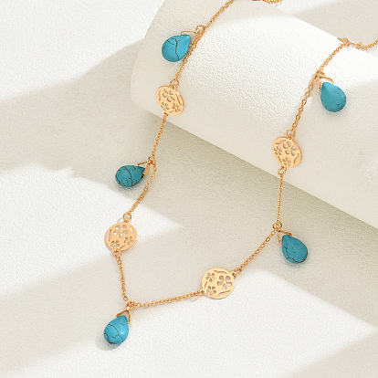 Нагрудные ожерелья-капли из натуральной бирюзы, латунные цветочные подвески для женщин