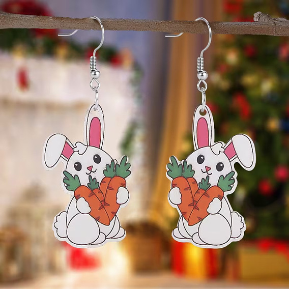 Пасхальные акриловые серьги-подвески, кролик с морковкой, платина