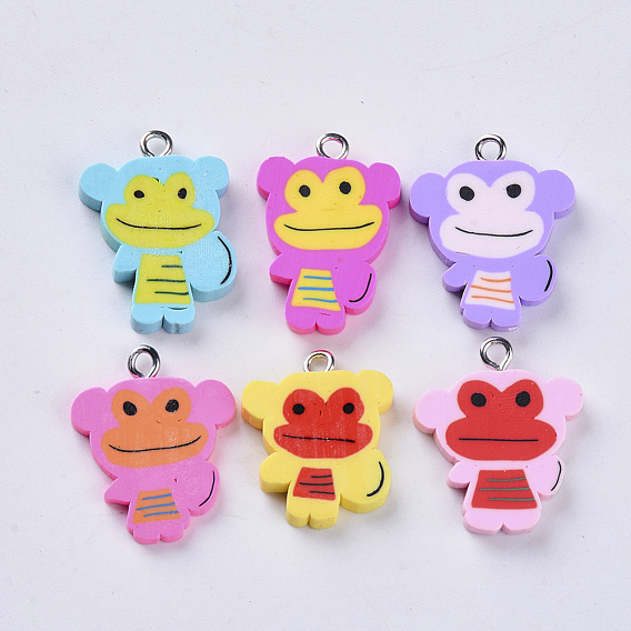 Handmade Polymer Clay Pendants, with Platinum Plated Iron Loops, Monkey