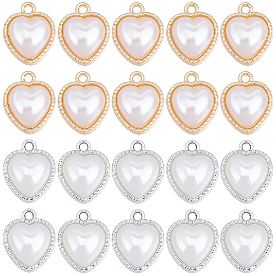 40Pcs 2 Colors Rack Plating Alloy Pendants, Heart Charms, with ABS Plastic Imitation Pearl
