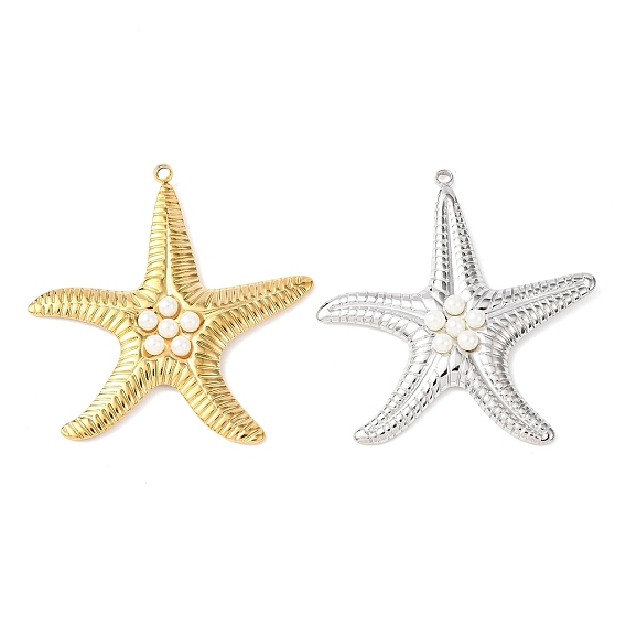 304 подвески из нержавеющей стали, прелести морская звезда, с пластиковой имитационной жемчужиной, белые
