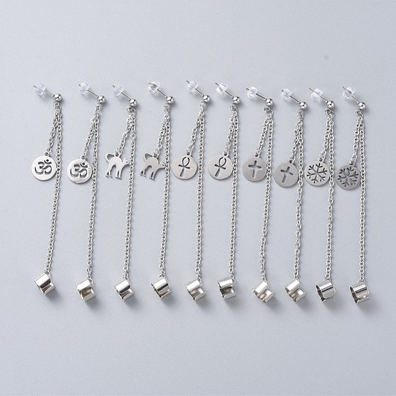 304 Stainless Steel Cuff Earrings, with Rolo Chains, Brass Earring Finding and Rubber Ear Nuts, Mixed Shapes