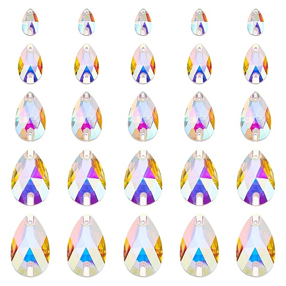 5 Size Sew on Rhinestone, Glass Rhinestone Faceted Cabochons, Teardrop, Double Hole Cabochons