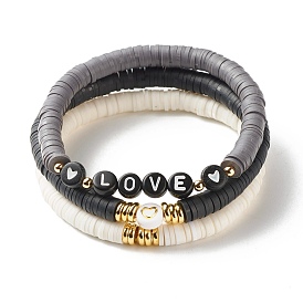 Love Heart Beads Stretch Bracelets Set for Women, Polymer Clay Heishi Beads Sufer Bracelets, Golden