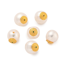 Round Natural Freshwater Pearl Beads, with Long-Lasting Plated Rack Plating Brass Flat Round Findings