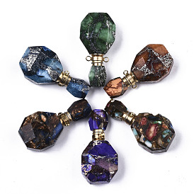 Assembled Synthetic Pyrite and Imperial Jasper Openable Perfume Bottle Pendants, with Brass Findings, Dyed