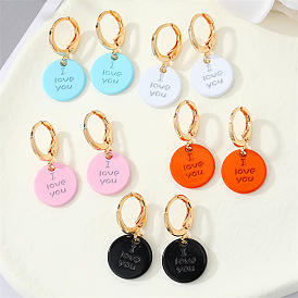 Minimalist Candy-Colored Round Carved Letter Earrings with "I Love You" for Women