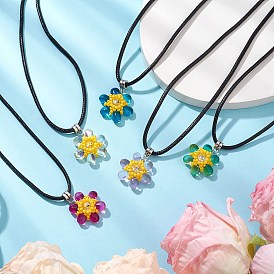 Glass Rhinestone & Glass Seed Beads Beaded Flower Pendant Necklaces, Imitation Leather Cord Necklaces for Women