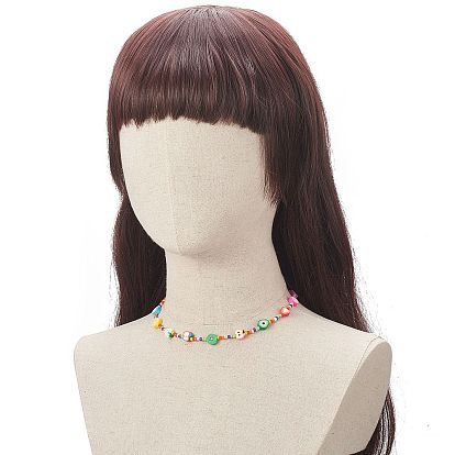 Orange & Grape & Lollipop & Apple Polymer Clay & Glass Seed Beaded Necklace, Fruit Theme Jewelry for Women