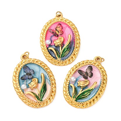 304 нержавеющей стальной эмали подвески, овальный с бабочкой и цветком, с пластиковым искусственным жемчугом и пластиковым кольцом для прыжков, ионное покрытие (ip), реальный 18 k позолоченный