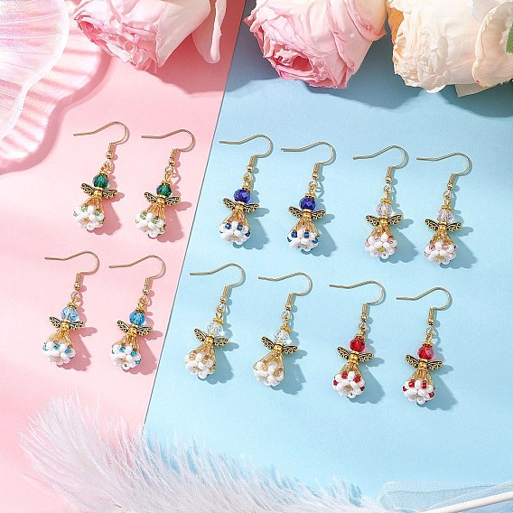 Серьги-подвески из стеклянных бусин ручной работы в виде ангела для женщин, 304 нержавеющей стали серьги крюков, античное золото 