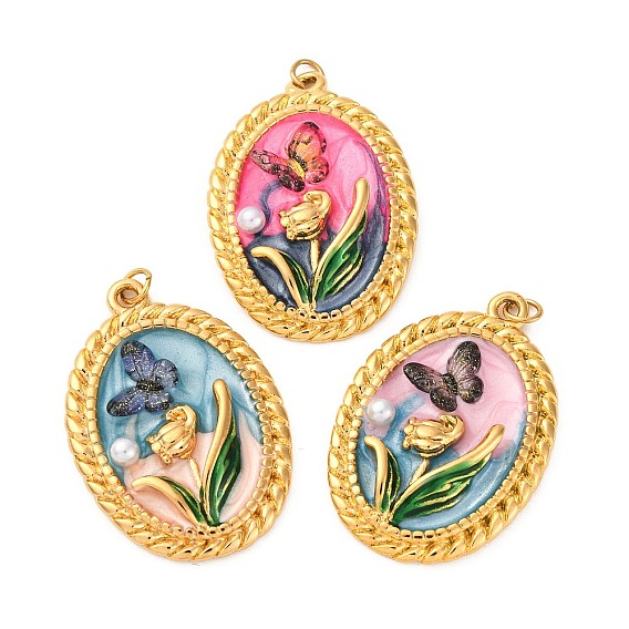 304 нержавеющей стальной эмали подвески, овальный с бабочкой и цветком, с пластиковым искусственным жемчугом и пластиковым кольцом для прыжков, ионное покрытие (ip), реальный 18 k позолоченный