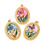 304 нержавеющей стальной эмали подвески, овальный с бабочкой и цветком, с пластиковым искусственным жемчугом и пластиковым кольцом для прыжков, ионное покрытие (ip), реальный 18 k позолоченный