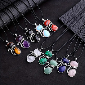 Ожерелья с подвесками в форме кошки из сплава и паве из натуральных драгоценных камней, Женские ожерелья из искусственной кожи, платина