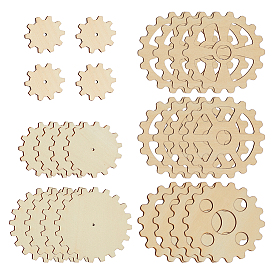 24Pcs 6 Styles Gear Shape Unfinish Wooden Pieces, for Crafts DIY Painting Supplies