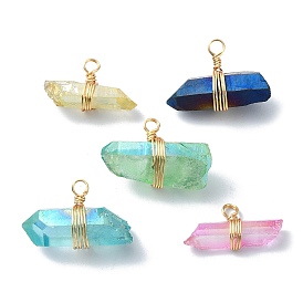 Real 18K Gold Plated Copper Wire Wrapped Dyed Natural Quartz Crystal Pendants, Pointed Nuggets Charms