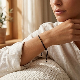 Pulseras ajustables de cordón trenzado de poliéster con cuentas redondas de latón para mujer, dorado