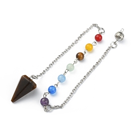 Chakra Gemstones Hexagonal Pointed Dowsing Pendulums, with Platinum Tone Iron Chains, Cone Charm, Mixed Dyed and Undyed