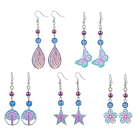 304 Stainless Steel Filigree Dangle Earrings, with Brass Earring Hooks, Teardrop & Butterfly & Tree & Star & Flower