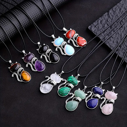 Ожерелья с подвесками в форме кошки из сплава и паве из натуральных драгоценных камней, Женские ожерелья из искусственной кожи, платина