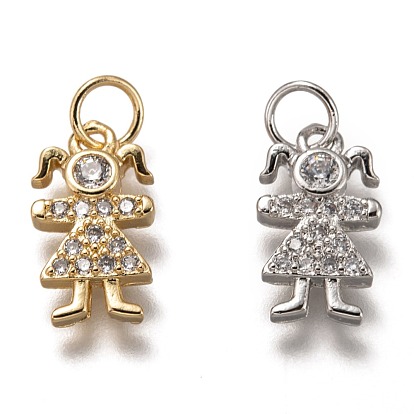 Brass Micro Pave Clear Cubic Zirconia Charms, Cadmium Free & Lead Free, Long-Lasting Plated, Girl